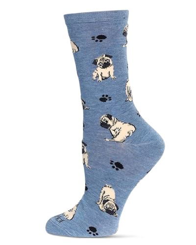 MeMoi Womens Pugs Rayon Crew Socks Denim Heather 9-11