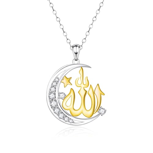 Allah Islamic Necklace for Women - 925 Sterling Silver Islamic Muslim Religious Faith Pendant Necklace Arabic Moon Jewelry Eid Ramadan Gifts