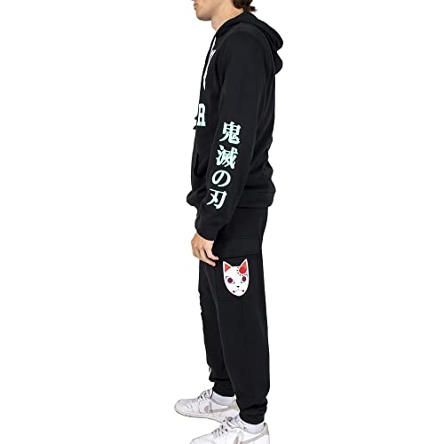 Bioworld Demon Slayer Varsity Text Cat Mask Men's Black Hoodie & Jogger Set2