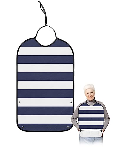 LEOKOTI Blue Stripes Adult Bibs for Eating, Waterproof Bibs with Food Catcher & Adjustable Snap Closure, Simple Blue White Texture Washable Clothing Protectors Adult Bibs for Elderly Women/Men