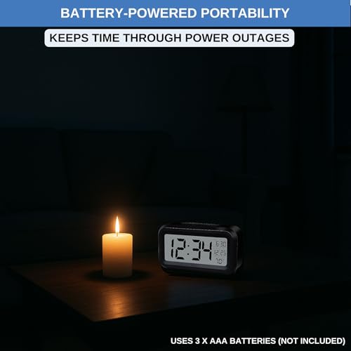 Image of Digital Alarm Clock Battery Operated with Large Display, Night Light Sensor, Temperature and Date | Bedside Clock for Bedroom, Dorm, Office Desk, Bathroom, Kids, Travel