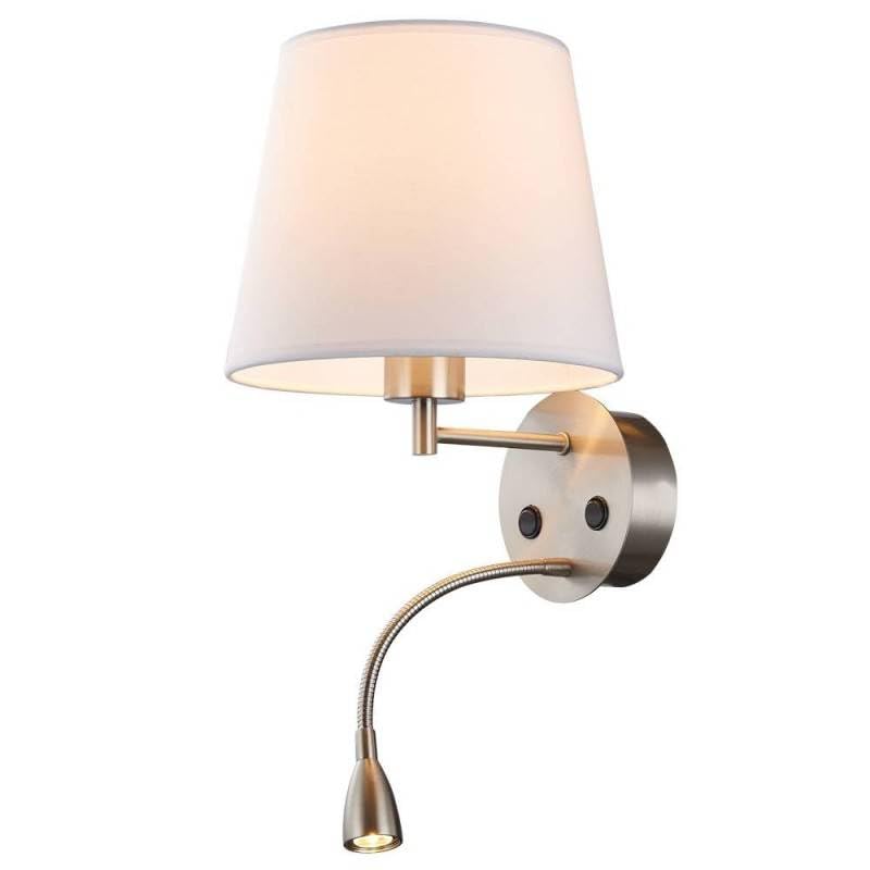 Alpinaluz Aplique de Pared con Luz de Lectura LED 3W y Pantalla Textil Blanca – Estilo Elegante Níquel Satinado – Casquillo E27 – Doble Interruptor para Dormitorio, Cabecero, Hotel o Estudio