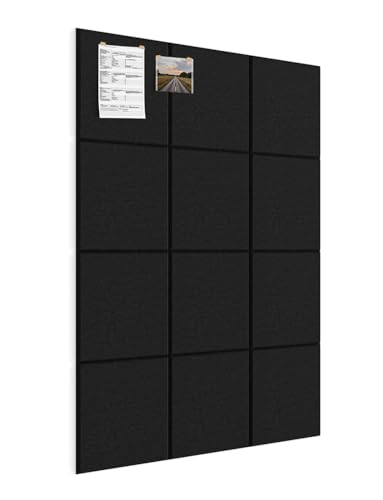 Large Bulletin Board 48" x 36", 12 Pack Blcak Cork Boards for Walls, Self-Adhesive Felt Pushpins Wall Tiles, Display for Messages, DIY Notice, Photo Decorations, Classroom, School, Office, Bedroom