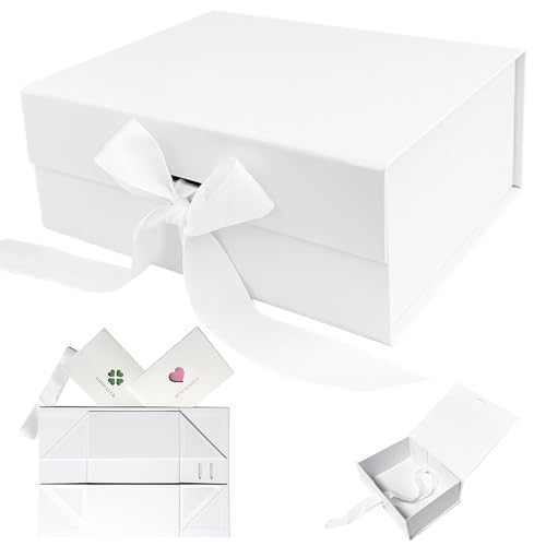 AlGuirnex Gift Box Foldable 22x17x9cm with Magnetic Lid Premium Present Box with Ribbon & 2 Greeting Cards Luxury Flat-Pack Packaging for Birthday Wedding & Occasions (White)