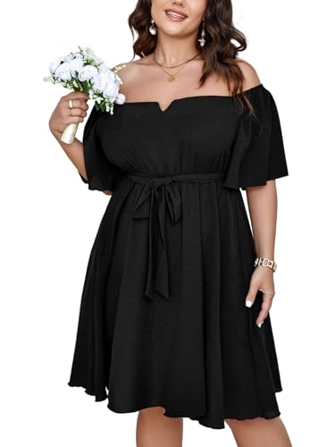 SCOMCHIC Womens Plus Size Cocktail Dress Summer Off Shoulder Short Sleeve Flowy Ruffle A-Line Cute Mini Dress with Belt