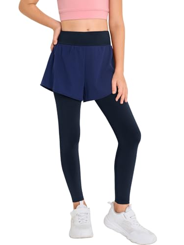 Haloumoning 2 in 1 Girls Leggings with Shorts Kids High Waist Colorblock Athletic Yoga Dance Pants 5-14 Years