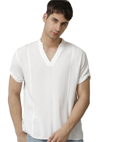 Image of Identiti MenSlim Fit Half Sleeve Solid Smart V Placket Casual Shirts