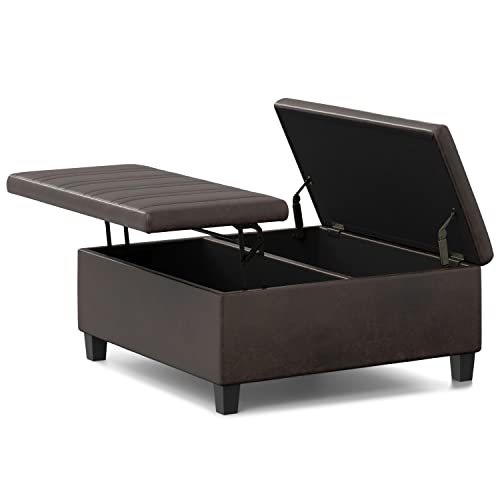 SIMPLIHOME Ellis 36 inch Wide Contemporary Square Coffee Table Storage Ottoman in Distressed Brown Vegan Faux Leather, Assembled, for The Living Room and Bedroom