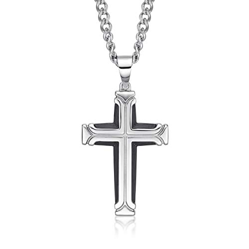 Collier long avec grande croix pour homme en acier noir et argenté