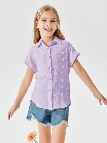 Image of Haloumoning Girls Button Down Shirts Short Sleeve Kids Casual Chiffon Blouse Summer Tops T-Shirt