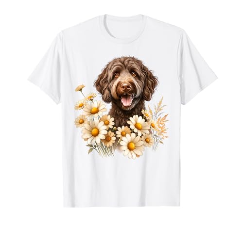 Chocolate Labradoodle Dog Summer Daisy Wildflowers Artwork T-Shirt