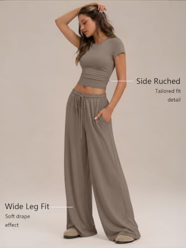 Image of Trendy Queen 2 Piece Matching Summer Lounge Set Womens Side Ruching Top Wide Leg Pants Sets with Pockets