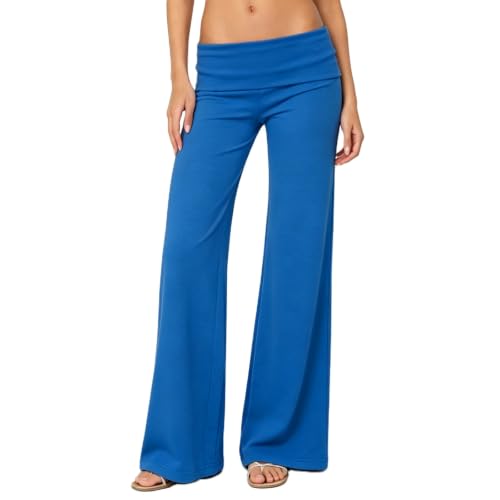 Image of Lounge Yoga Pants for Women Fold Over Low Waist Wide Leg Bell Bottoms | Y2K Foldover Pants, Flare Leggings, Low Rise Yoga Sweatpants