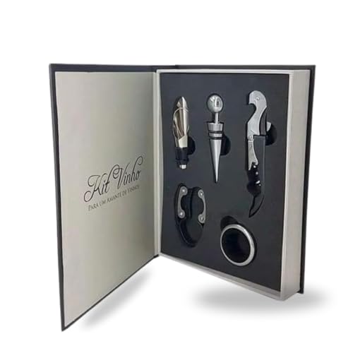 Kit Vinho Luxo em Formato de Livro 5 Peças Canivete Saca-Rolhas, Anel Salva-Gotas, Bico Dosador, Tampa de Vinho e Corta Lacre, Elegante e Ideal para Presentear