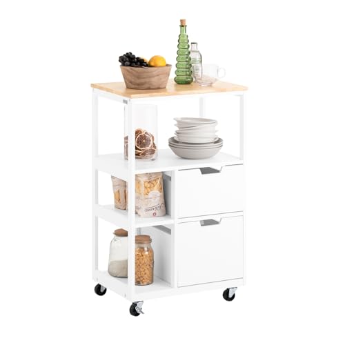 SoBuy Carrito Cocina con Ruedas Mueble Auxiliar de Cocina con Cajones Isla de Cocina con 3 Estantes, Carro de Cocina de Estilo Moderno Blanco 53 × 37 × 89 cm FKW111-WN
