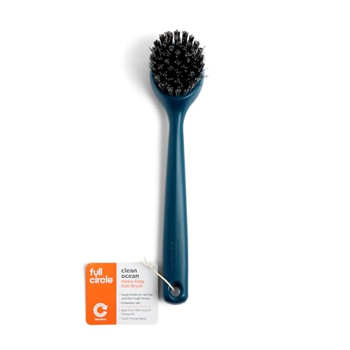 Image of Full Circle Clean Ocean, Heavy Duty Dish Brush, Tough Bristles and Built-in Scraper, Perfect for Cast Iron, Sustainably Made 100% From Recycled Ghost Fishing Nets