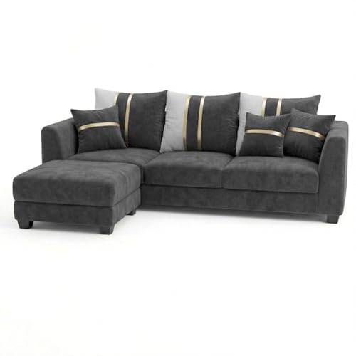 Image of Vero 4 Seater L Shape Sofa Set with Movable Ottoman | Flexible Left or Right Layout | Luxury Velvet Suede Fabric | Modern Living Room Sofa | Dark Grey