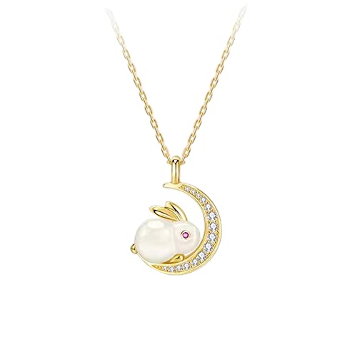 Dtja Gold Plated Rabbit Moon Pendant Necklace for Women Girls Cubic Zirconia Artificial Jade Bunny Animal Adjustable Choker Chain Necklaces Delicate Cute Easter Birthday Holiday Jewelry Gift 18 inch