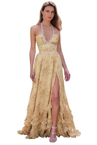 Floral Prom Dresses for Women Pearl Corset Chiffon Ruffles Formal Evening Gowns with Slit