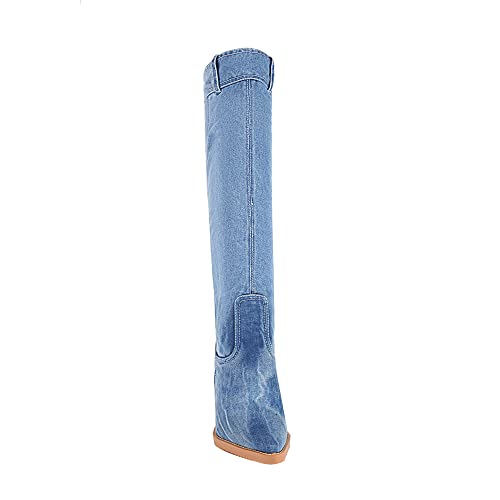 vivianly Women Denim Knee High Boots Pointy Toe Chunky Stacked Heel Cowgirl Boot Size 6.5 - image 6