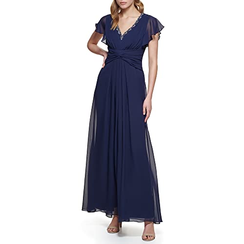 Eliza J Women's Gown Style Twist Waist Chiffon Flutter Sleeve Beaded Vneck Dress