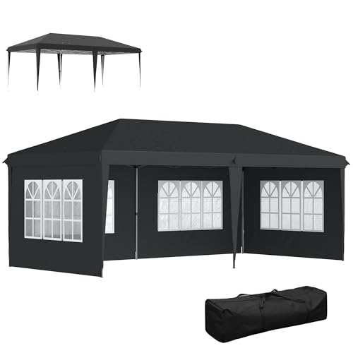 Outsunny   Cenador de jardín al aire libre plegable (3 x 6 m), diseño de carpa Barnum, 3 lados desmontables, estacas de anclaje al suelo + bolsa de transporte incluida, color negro