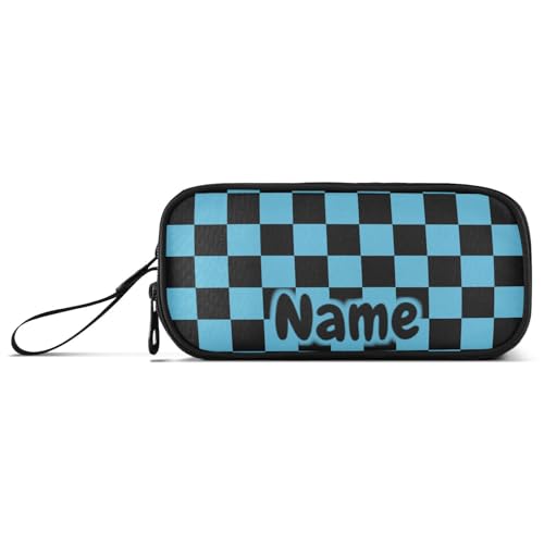 Image of Custom Black Blue Checkered Pattern Pencil Case Box Boys Girls Personalized Name Large Pencil Pouch Stationery Pen Bag Organizer for Kids Adults School Office