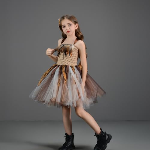 IBAKOM Girls Cosplay Indian Cavegirl Princess Costume Ruffle Tulle Dress and Hair Bow Role Play Costume for Kids Girls Brown L/6-7Y - Image 3