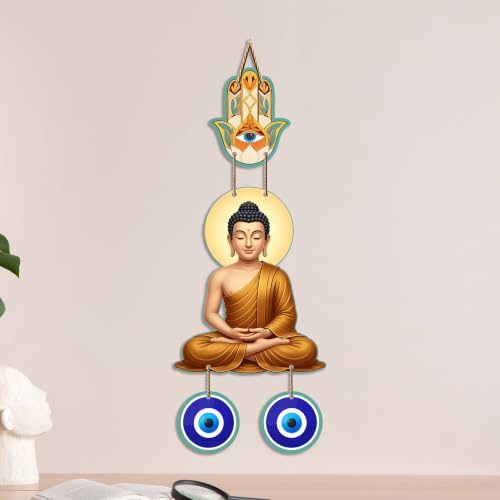 Image of Artvibes Meditating Buddha Wall Hanging with Hamsa Hand and Evil Eye Protection Charm | Spiritual Home Decor for Meditation and Mindfulness | Decorative Hanging for Living Room | Yoga Space (WH 8599N)