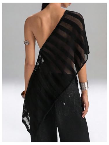 MakeMeChic Women's Sheer Poncho Top Striped Asymmetrical Mesh Tops Shrug Sweater3