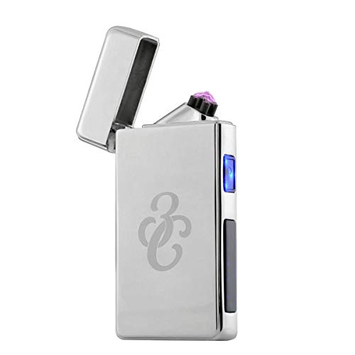 SHUNING briquet USB, briquet électrique coupe-vent à double arc, briquet à cigare sans flamme rechargeable avec interrupteur LED et boîte-cadeau (Silver)