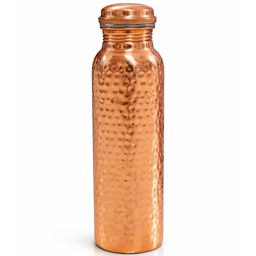 Image of Pure Copper Water Bottle with Leak-Proof Lid | Hammered Design Copper Bottle for Drinking Water | Reusable & Eco-Friendly Bottle for Home, Office, Yoga & Travel (Copper Doty)