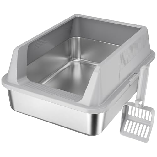 Lifewit Stainless Steel Litter Box for Kitty Small Metal Cat Litter Tray with Non-Slip Pads Anti-Leakage Top Entry and High Sided Easy to Clean 17.7 L13.8 W8.3 H Gray