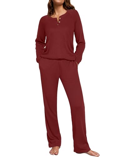 Image of Ekouaer Waffle Knit Pajamas for Women Set Long Sleeve Pants Pj Henley Tops Lounge Sets Comfy Sleepwear with Pockets
