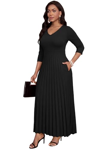 Image of FANDEE Women's V-Neck Pleated Maxi Dress A-Line 3 /4 Sleeve with Pockets