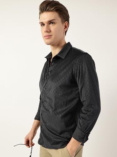 Image of Thomas Scott Men's | Solid | Textured Fabric | Full Sleeve | Slim Fit | Polyester-Blend | Spread Collar | Casual Shirt