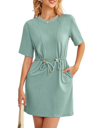 Image of Kikibell Womens Summer Dresses Crewneck Sweatshirt Mini Dress with Pockets Drawstring Waist Short Sleeve Casual Outfits