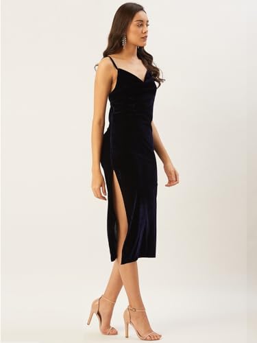 Image of Anvi Be Yourself Women's Solid Shoulder Strap Sleeveless Velvet Midi Bodycon Dress || Trendy Womens Cowl Neck Strappy Sheath Casual Dress with Side Slit || Western Plain One Piece Dress for Women