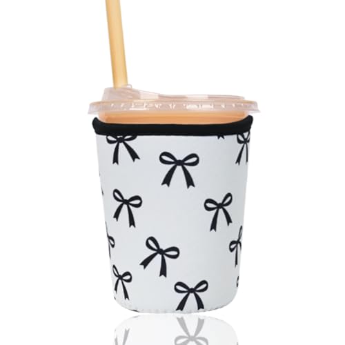 Image of Reusable Insulated Sleeve for Iced Coffee Cup, Coffee Neoprene Sleeve for Cold & Hot Drinks, Beverage Holder for Iced Coffee (Black Bow, Small: 16-18oz)