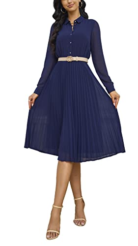 AbleTree Pleated Work Dress for Women Long Sleeve Midi Collared Dresses for Office Business Casual Church Navy Blue