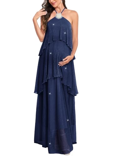 Image of AISWI Maternity Halter Neck Maxi Dress Sparkly Mesh Tiered Ruffle Pregnancy Gown with Flower for Baby Shower Photoshoot