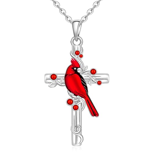 Fenthring Red Cardinal Necklace Sterling Silver Cross Cardinal Necklaces for Women Pendant Memorial Sympathy Bird Charms Mothers Day Christmas Gifts