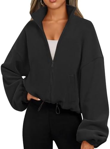 Famulily Damen Drawstring Saum Langarm Crop Sweatshirt Tops Full Zip Fleece Kurze Jacke mit Taschen S bis XL