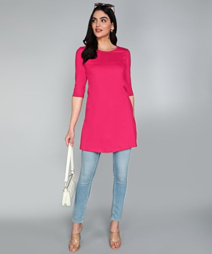 Image of FLEXIMAA Women's Cotton Plain Round Neck 3 /4 Sleeve Long Top