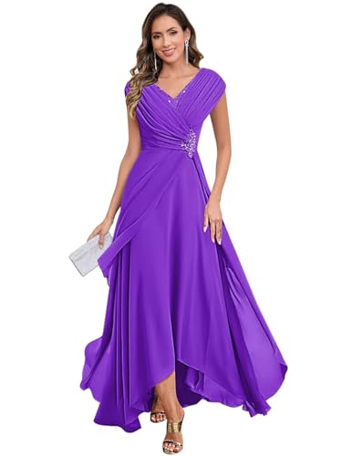 KBWOV Lace Applique Mother of The Bride Dress Purple Chiffon Ankle Length V Neck Ruffles Evening Dress for Wedding Size 8