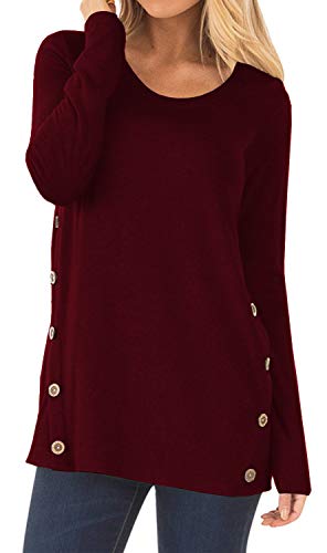 DEARCASE Womens Crew Neck Long Sleeve Casual Button Blouse Tunic Tops with Button Wine Red Small