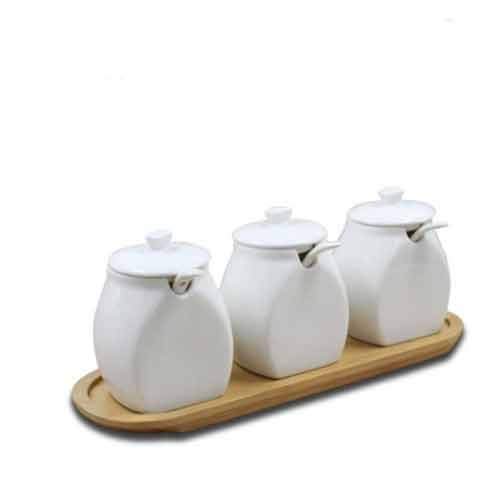 Pots à épices en verre, Pots à épices avec étiquette Ensemble de pots d'assaisonnement en céramique marbrée créative japonaise, boîte d'assaisonnement de cuisine, plateau en bois, couvercle en bois, h