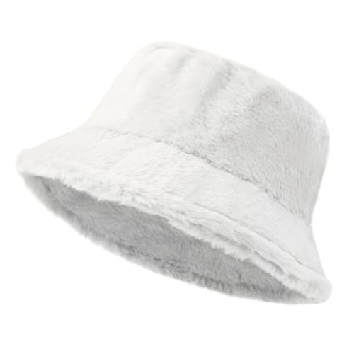 Yonchic Winter Soft Faux Fur Plush Bucket Hat Lovely Fisherman Cap Fluffy Outdoor Warm Hat for Women (White)