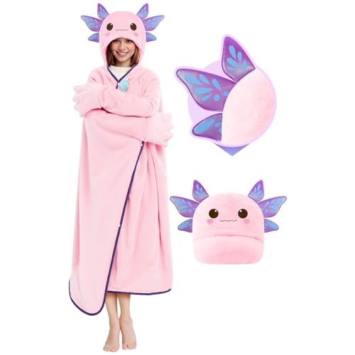 Mewaii Plaid a Capuche Axolotl Couverture en Laine Douce avec Manches Capuche Poches Taille Unique Enfant Adulte 130cm x 158cm Cadeau Animal