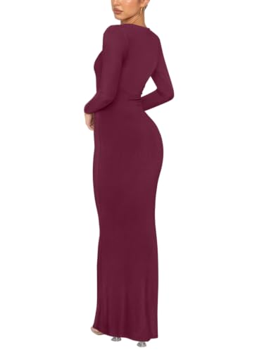Image of REORIA Women's Sexy Crew Neck Lounge Long Dress Elegant Long Sleeve Ribbed Bodycon Maxi Dresses